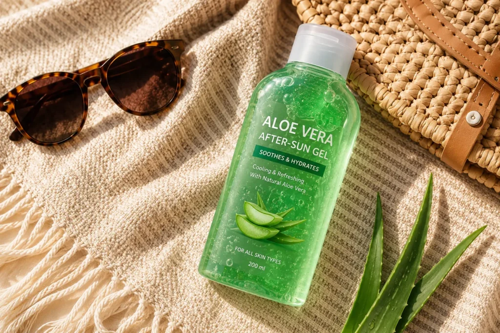10 After Sun Mistakes That Can Harm Your Skin 3 Aloe vera after sun gel bottle next to sunglasses and beach bag for daily skin care routine