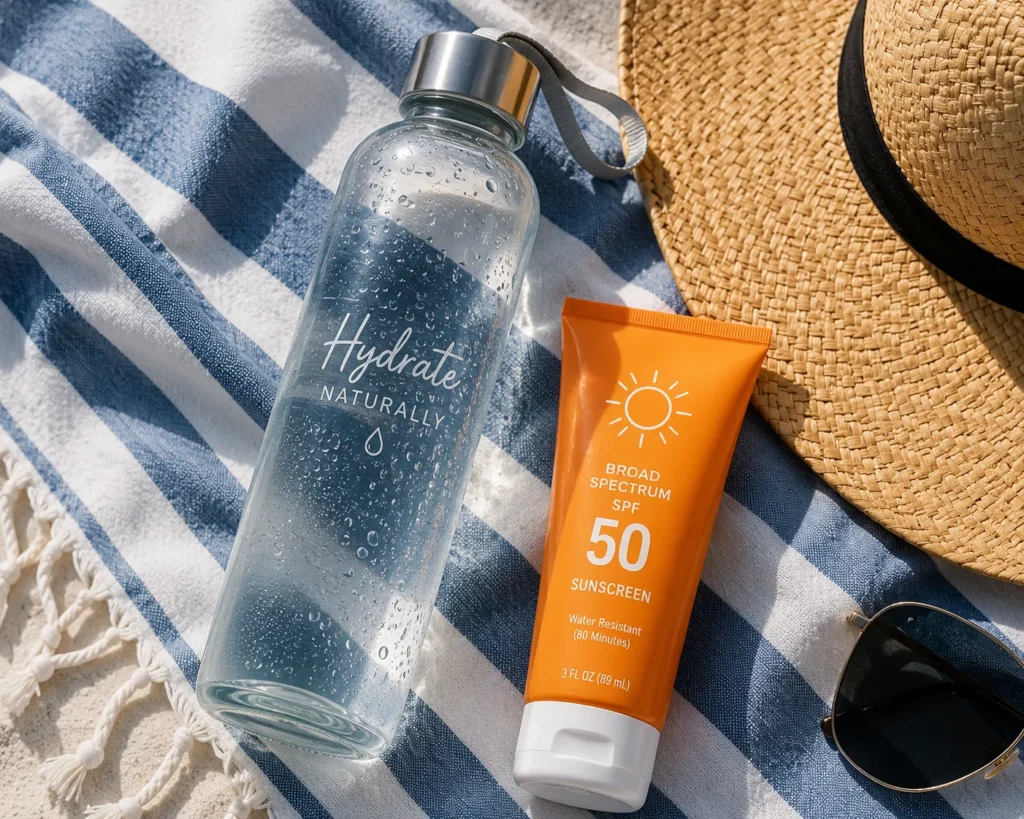 10 After Sun Mistakes That Can Harm Your Skin 7 Reusable water bottle on beach towel next to sunscreen for sun day hydration