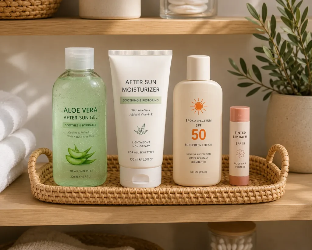 10 After Sun Mistakes That Can Harm Your Skin 11 Complete after sun skin care routine with moisturizer, SPF, and lip balm