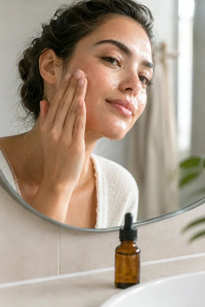 10 Beauty Face Secrets for Naturally Radiant Skin 3 Applying serum to damp skin for better absorption and hydration