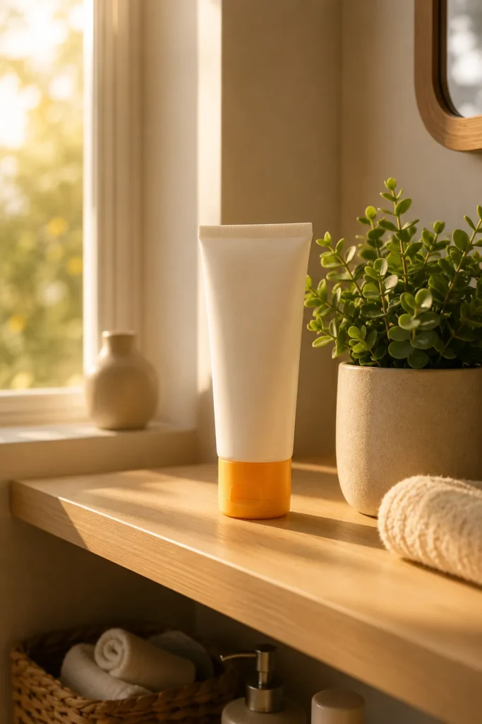 10 Beauty Face Secrets for Naturally Radiant Skin 5 Sunscreen tube on a sunny windowsill as part of a daily indoor skin care habit
