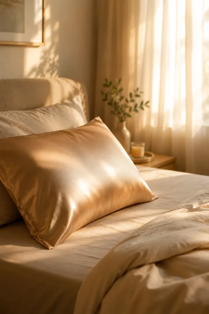 10 Beauty Face Secrets for Naturally Radiant Skin 7 Satin pillowcase on a bed to reduce friction and protect skin overnight