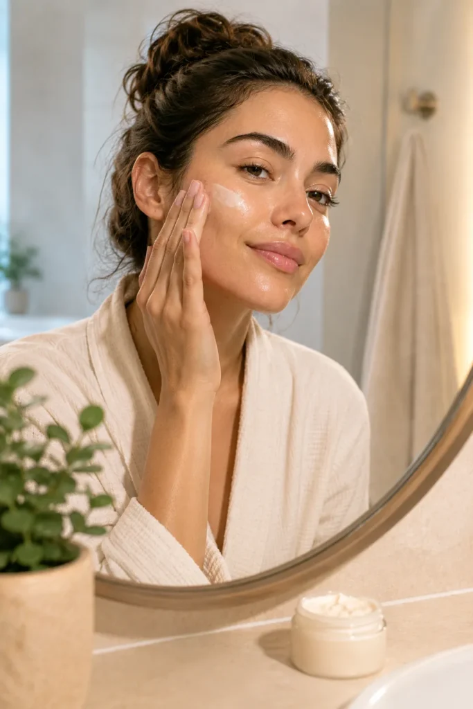 10 Beauty Face Secrets for Naturally Radiant Skin 9 Applying moisturizer with upward strokes to support skin firmness