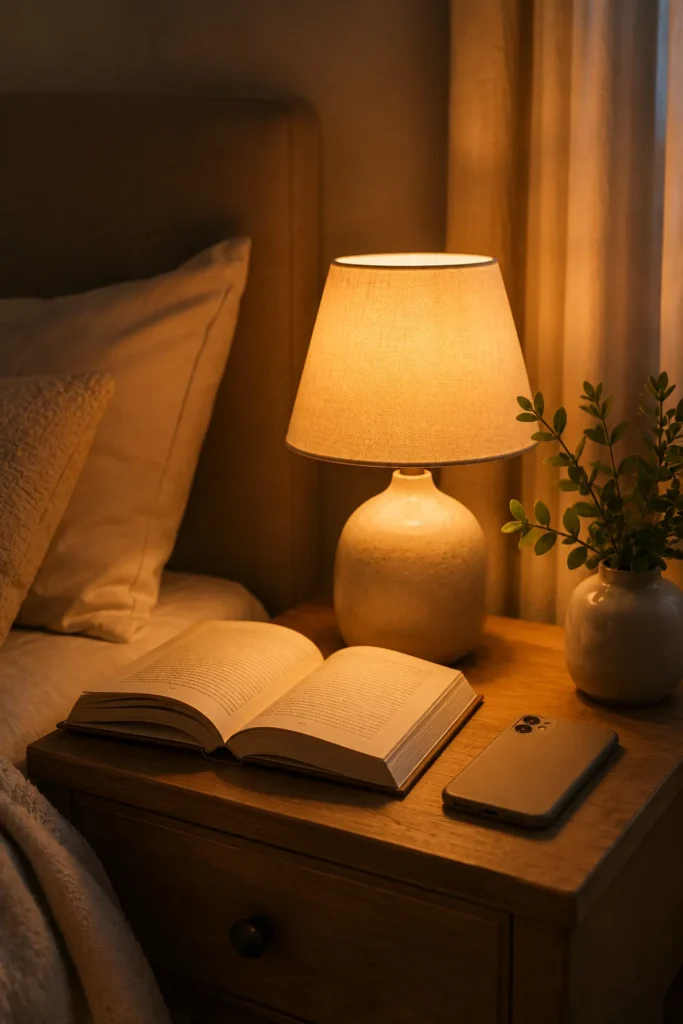 10 Beauty Face Secrets for Naturally Radiant Skin 11 Cozy nightstand setup supporting a consistent bedtime for skin repair