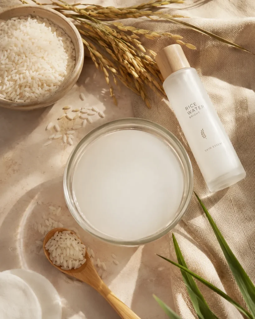 10 Essence Choices for Brighter Skin Fast 3 Rice water skincare ingredients arranged in a clean flat lay.