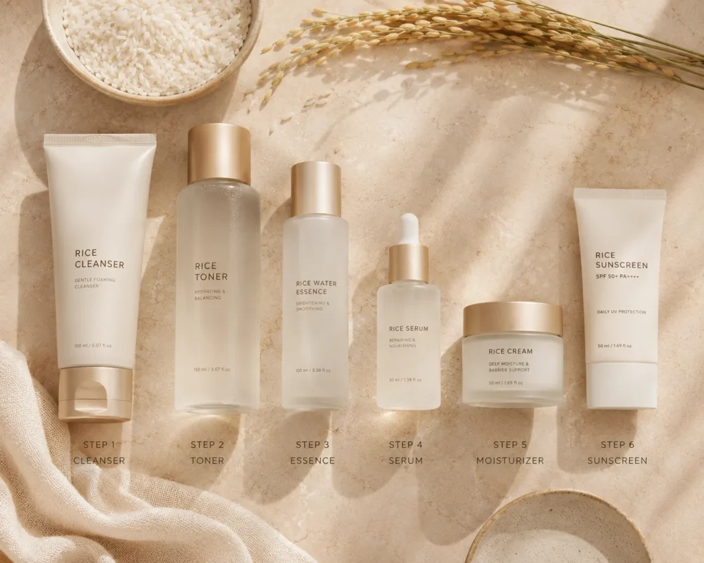 10 Essence Choices for Brighter Skin Fast 7 Daily skincare routine featuring rice water essence.