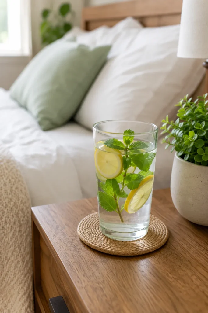 10 Healthy Routine Ideas to Feel Your Best Every Day 3 Glass of lemon water on a nightstand for a healthy morning habit