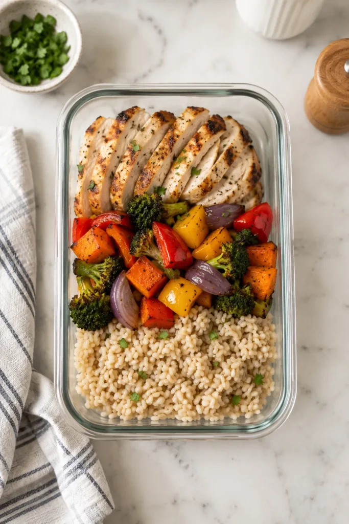 10 Healthy Routine Ideas to Feel Your Best Every Day 5 Meal prep container with vegetables and protein for a healthy routine