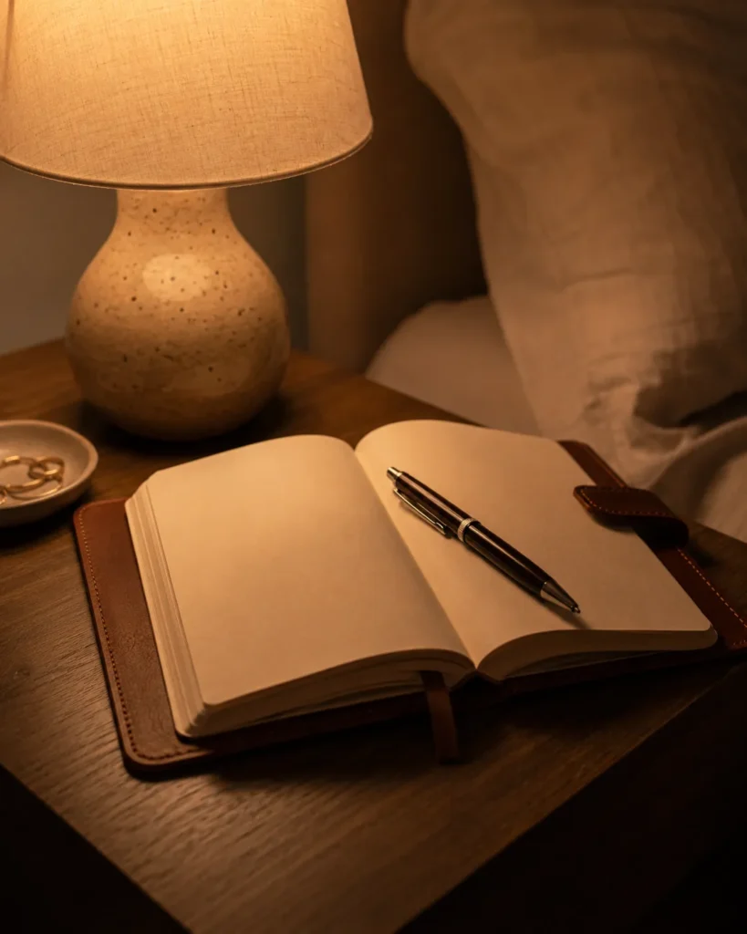10 Healthy Routine Ideas to Feel Your Best Every Day 11 Notebook and pen for a one line evening journal routine