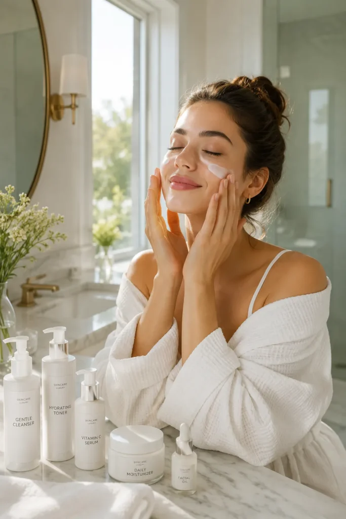 10 Healthy Skin Routines to Wake Up Glowing Daily 3 Woman applying moisturizer during a healthy morning skincare routine in a bright bathroom