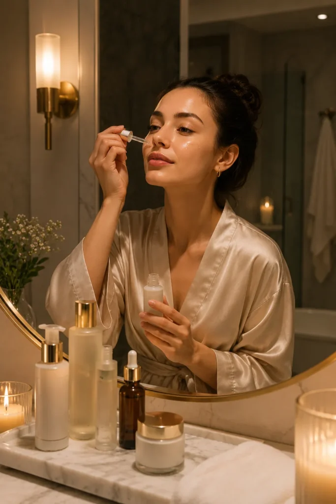10 Healthy Skin Routines to Wake Up Glowing Daily 7 Woman enjoying a relaxing nighttime skincare routine for healthy glowing skin