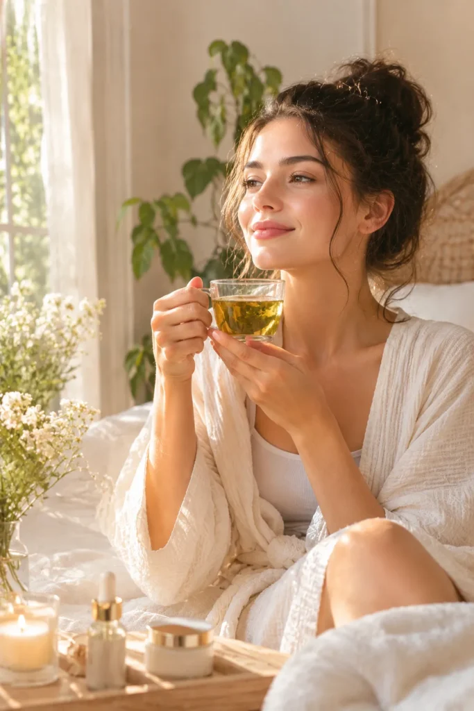 10 Healthy Skin Routines to Wake Up Glowing Daily 9 Woman enjoying a relaxing self-care morning routine for healthier skin