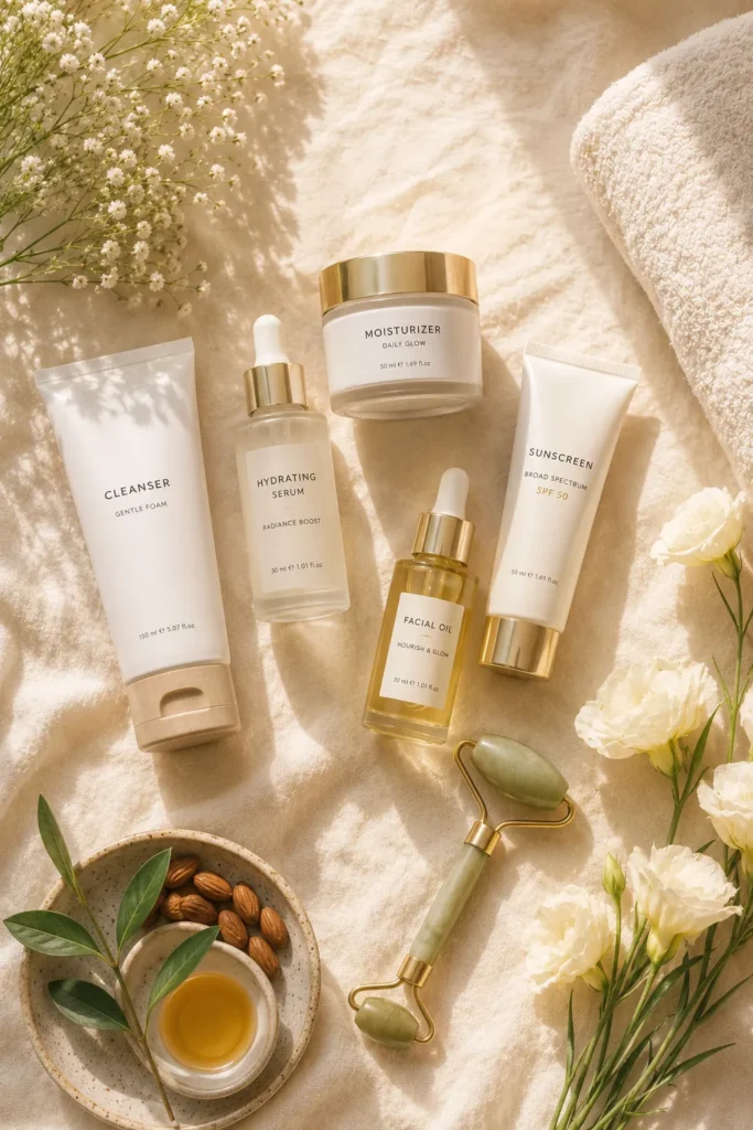 10 Healthy Skin Routines to Wake Up Glowing Daily 11 Essential skincare products arranged for a complete healthy skin routine