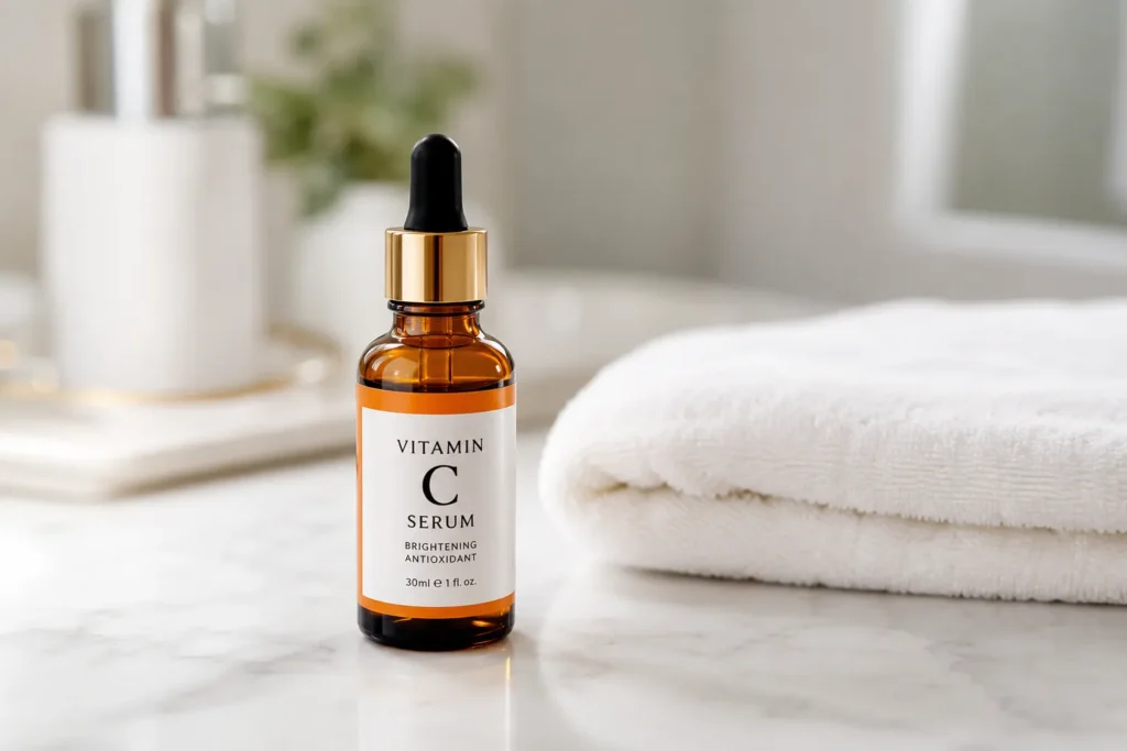 11 Healthy Skin Care Essentials for Glowing Skin 3 Amber glass vitamin C serum bottle on marble counter for brighter skin"