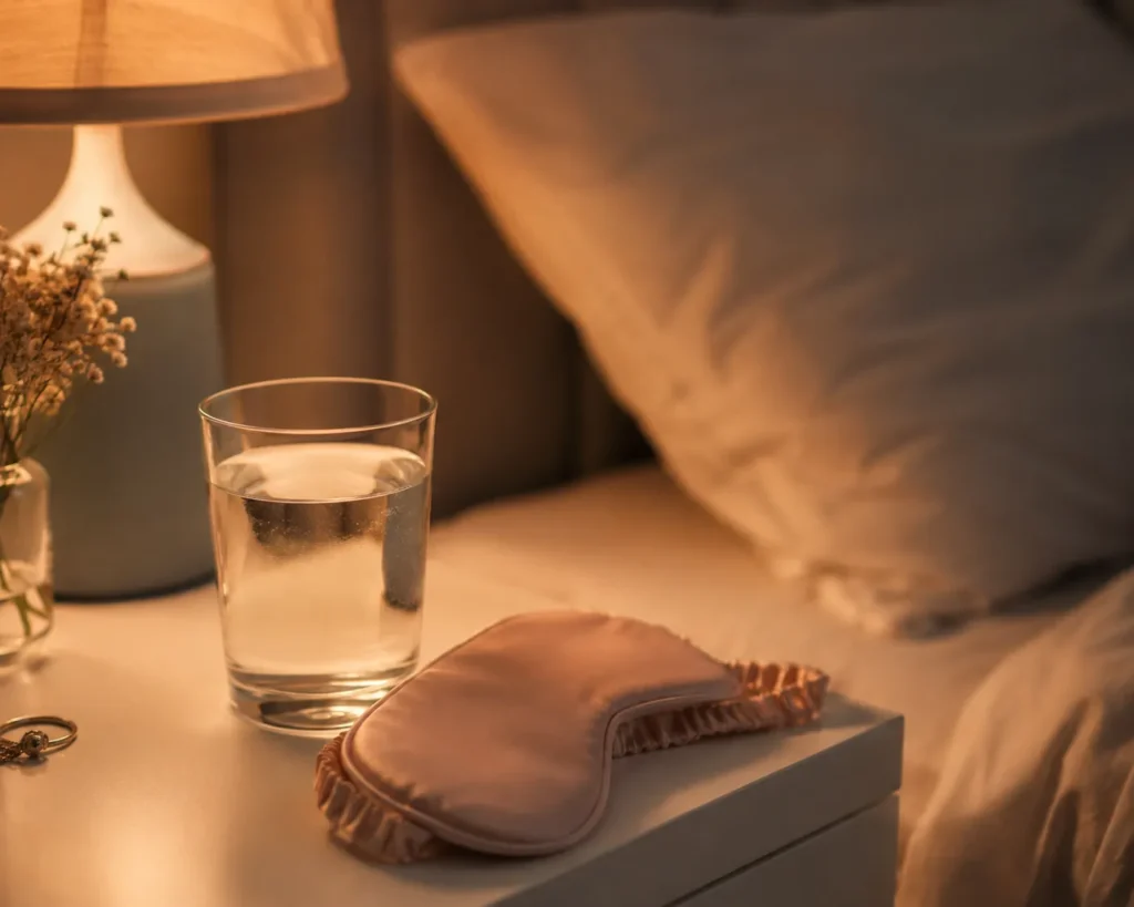 11 Healthy Skin Care Essentials for Glowing Skin 12 "Glass of water and calming bedside setup supporting skin health through sleep"