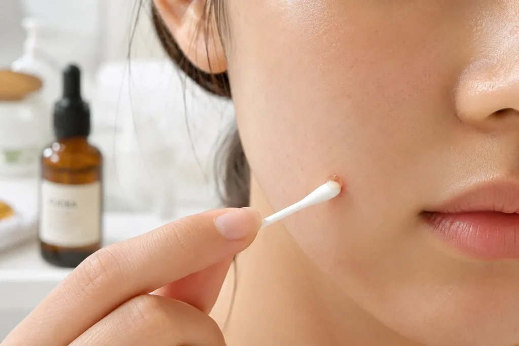 12 Jojoba Oil Benefits for Healthy Glowing Skin 3 Applying jojoba oil to a blemish with a cotton swab for calming breakouts