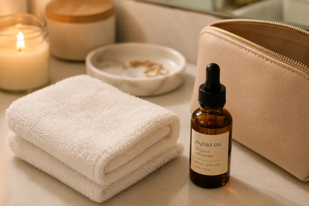 12 Jojoba Oil Benefits for Healthy Glowing Skin 7 Jojoba oil and washcloth used as a natural makeup remover