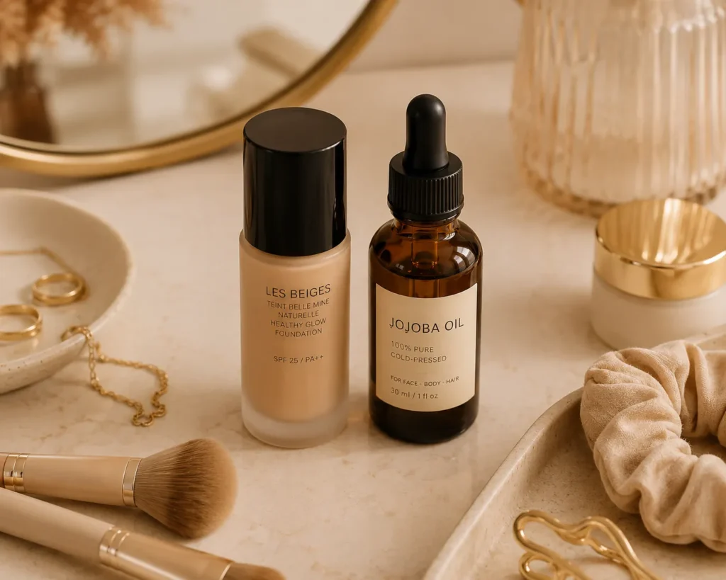12 Jojoba Oil Benefits for Healthy Glowing Skin 13 Jojoba oil mixed with foundation on a makeup vanity