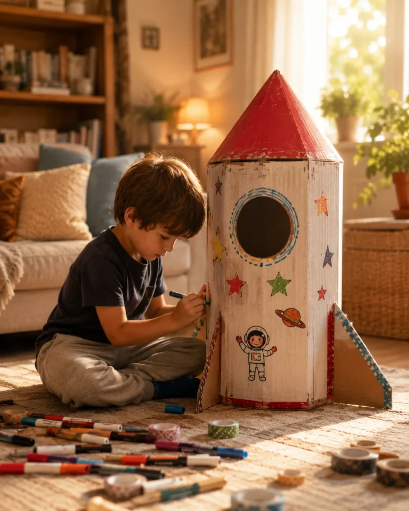12 Kids Activities That Spark Creativity at Home Today 2 Child decorating a cardboard rocket ship craft on a sunlit living room floor