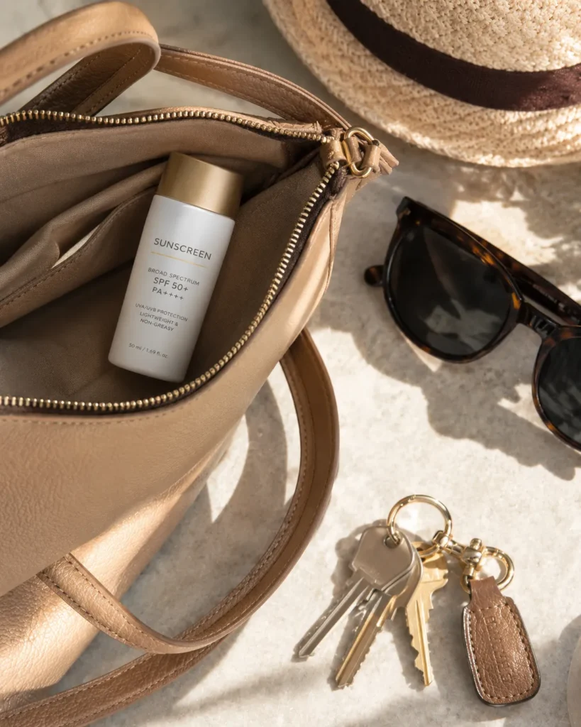 11 La Roche Posay Sunscreen Tips for a Healthy Glow 7 Travel size sunscreen bottle inside an open handbag
