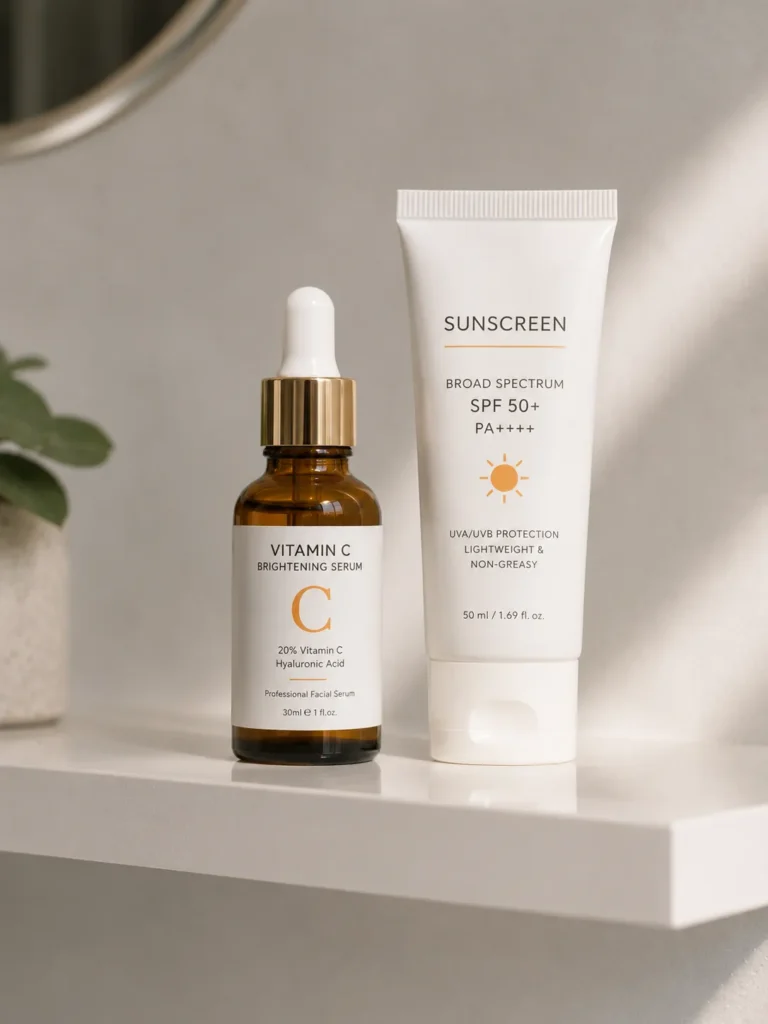 11 La Roche Posay Sunscreen Tips for a Healthy Glow 11 Vitamin C serum bottle next to a sunscreen tube on a shelf