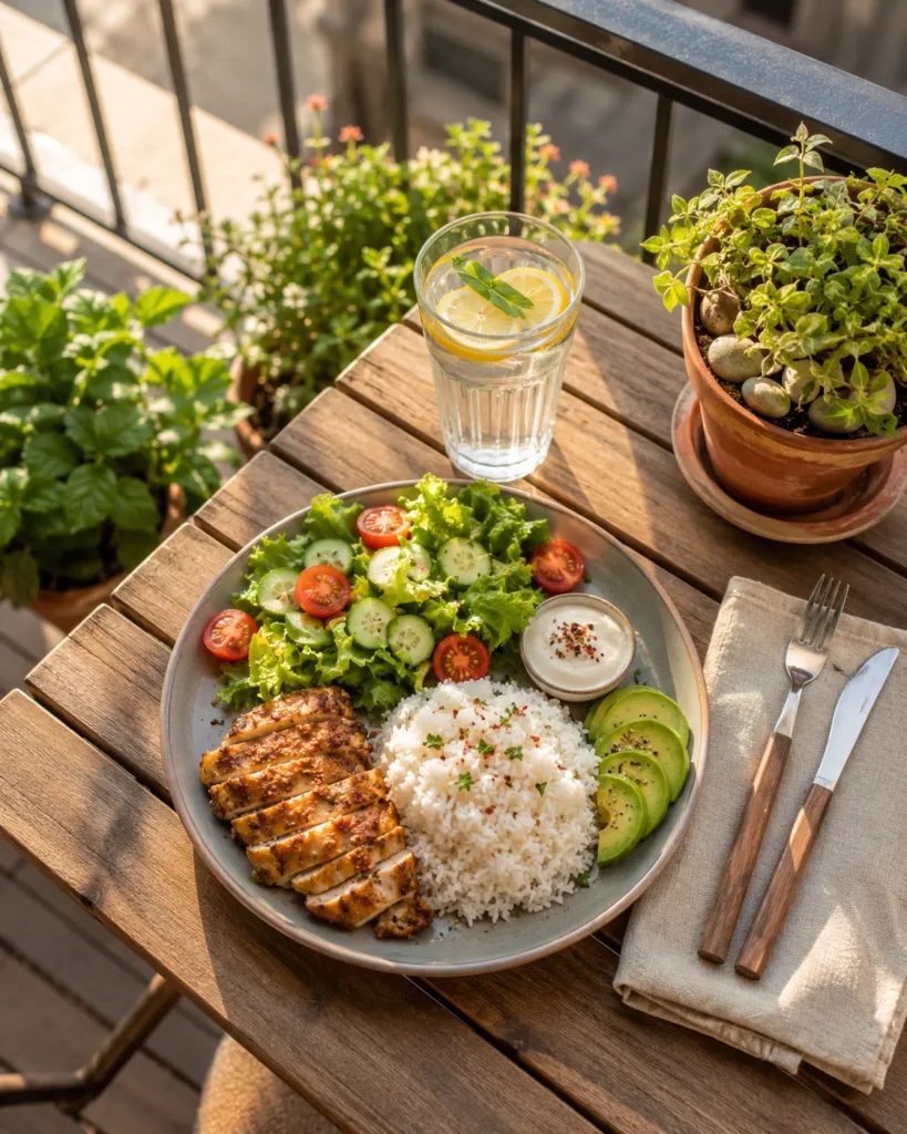 10 Outdoor Activities to Refresh Your Mind Daily 3 Simple lunch plate set on a small outdoor table near a sunny balcony window