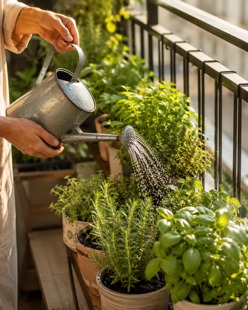 10 Outdoor Activities to Refresh Your Mind Daily 5 Hands pouring water from a watering can over potted herbs on a balcony