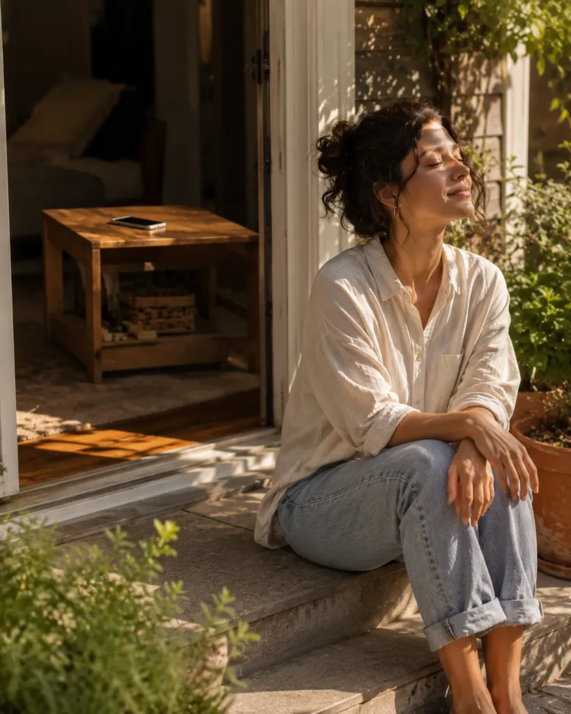 10 Outdoor Activities to Refresh Your Mind Daily 7 Person sitting on outdoor steps with hands resting in lap, phone left inside on a table