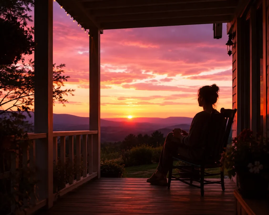 10 Outdoor Activities to Refresh Your Mind Daily 9 Pink and orange sunset sky seen from a porch with a person sitting nearby