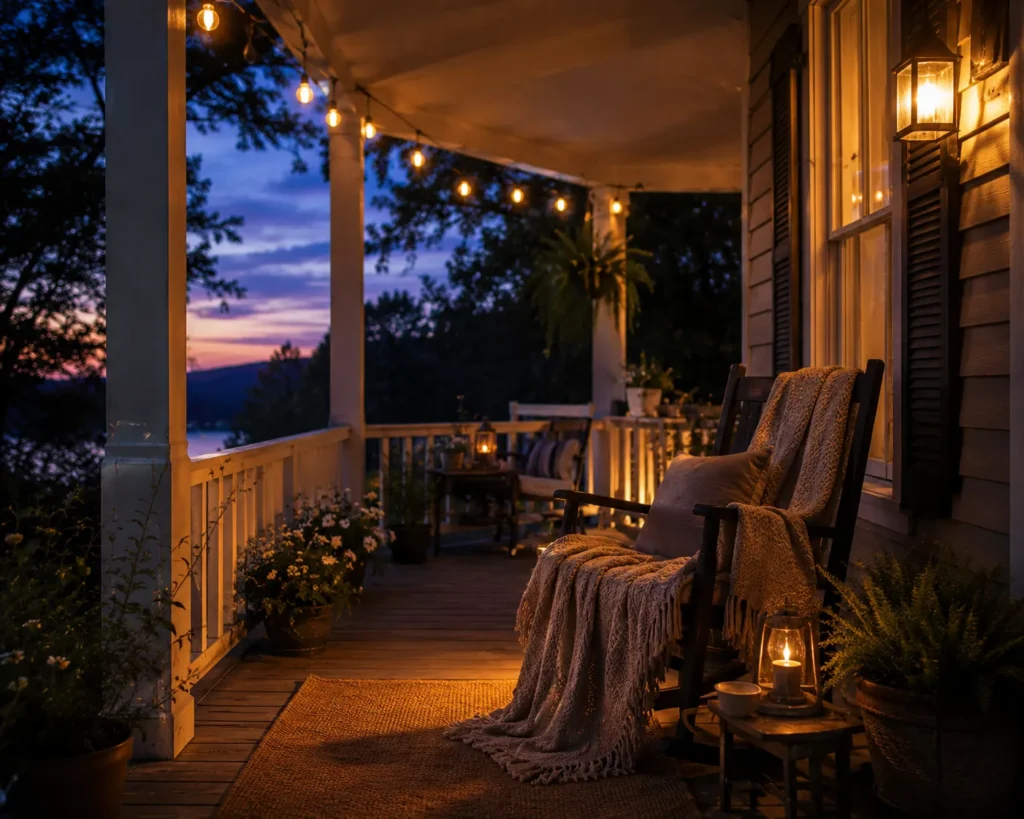 10 Outdoor Activities to Refresh Your Mind Daily 11 Cozy porch light glowing at dusk with a chair and blanket set up for evening