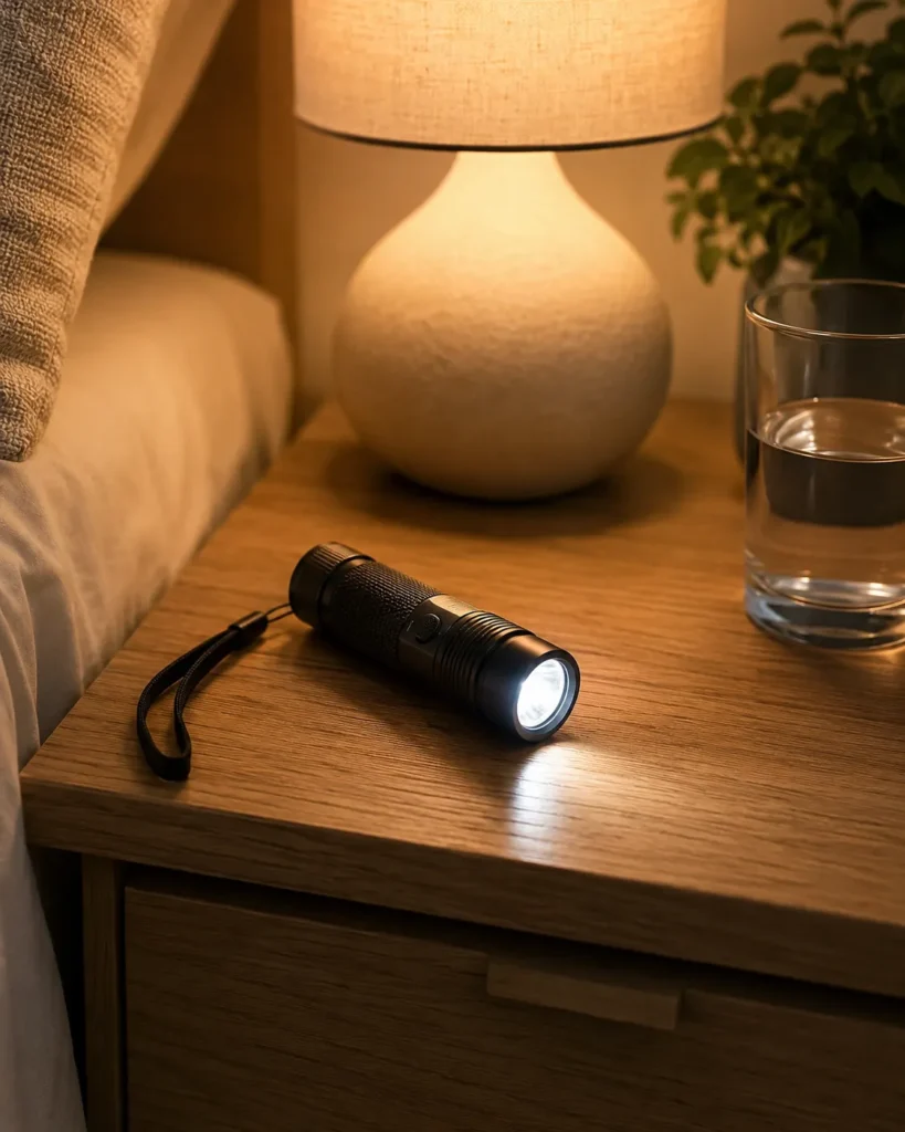 12 Safety Tips to Build Safer Everyday Habits 3 Small flashlight on a bedroom nightstand for power outage preparedness