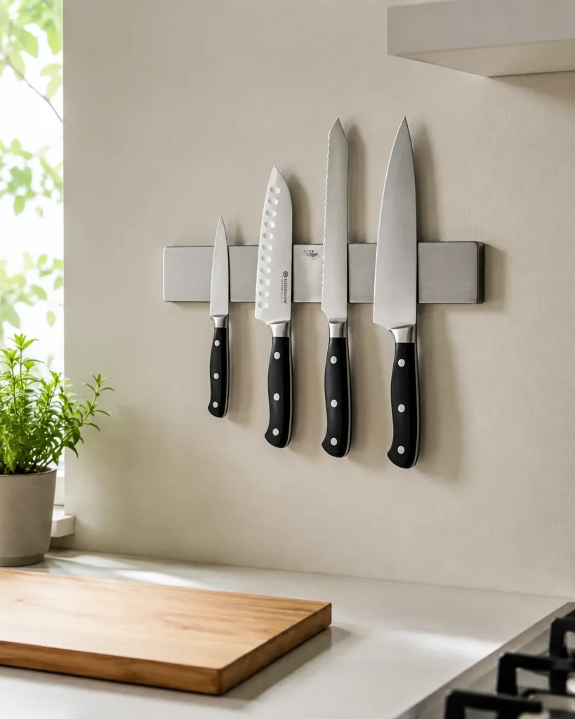 12 Safety Tips to Build Safer Everyday Habits 5 Magnetic knife strip mounted on a kitchen wall for safe knife storage