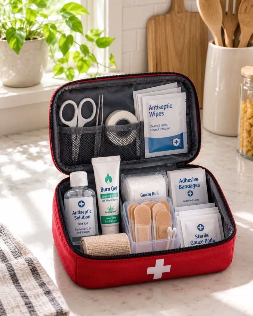 12 Safety Tips to Build Safer Everyday Habits 7 Open first aid kit on a kitchen counter with bandages and antiseptic wipes