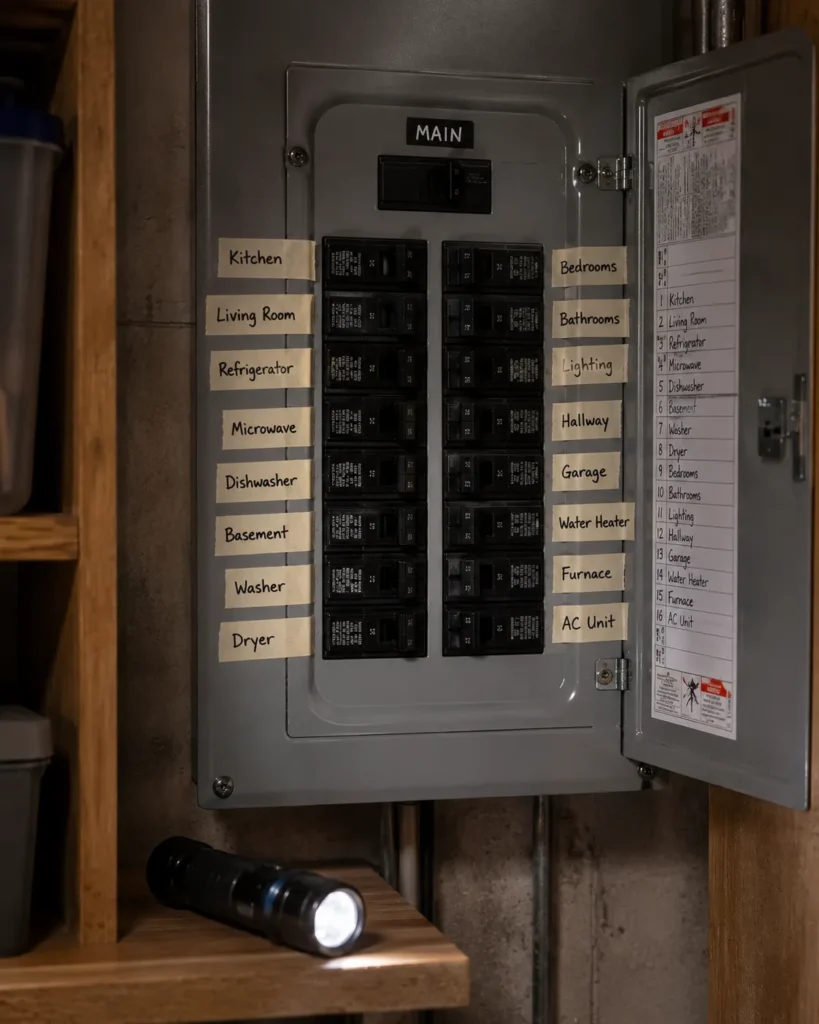 12 Safety Tips to Build Safer Everyday Habits 9 Labeled circuit breaker panel switches in a home utility area