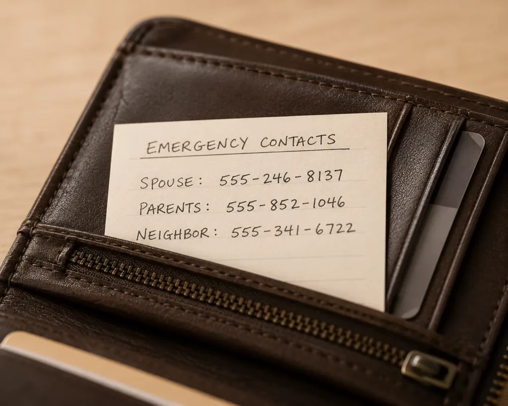 12 Safety Tips to Build Safer Everyday Habits 11 Handwritten emergency contact card inside an open wallet
