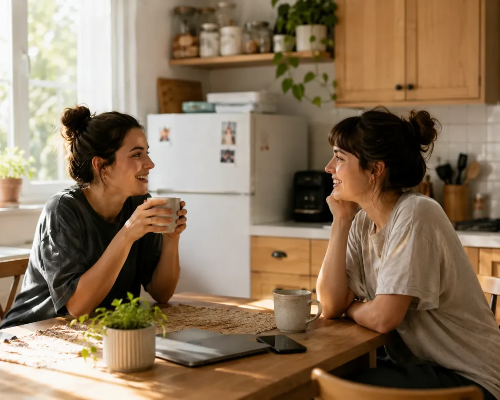 12 Safety Tips to Build Safer Everyday Habits 13 Two roommates sitting at a kitchen table discussing a simple home safety plan