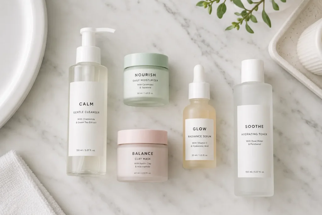 12 Sensitive Skin Care Steps for a Fresh Glow 3 Minimalist bathroom shelf with five simple skincare products for sensitive skin"