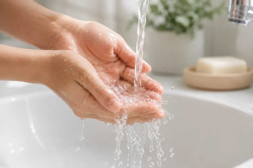 12 Sensitive Skin Care Steps for a Fresh Glow 5 Lukewarm water splashing over cupped hands for a gentle face rinse"