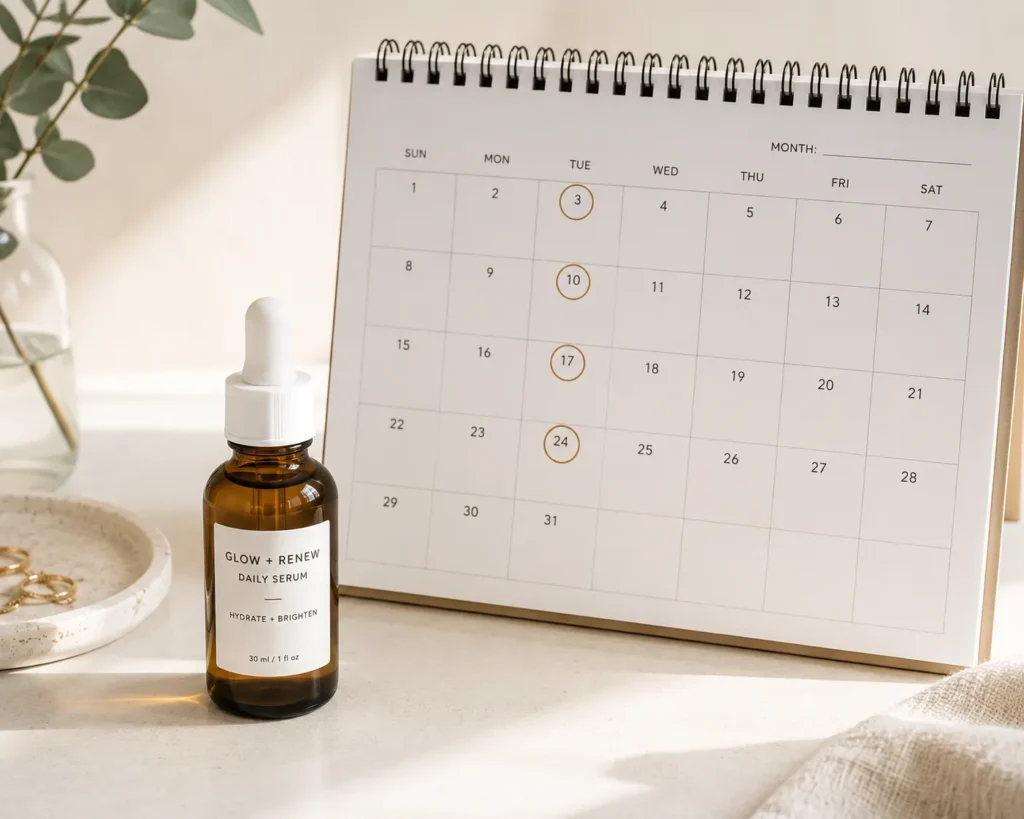 12 Sensitive Skin Care Steps for a Fresh Glow 7 "Dropper serum bottle beside a calendar tracking twice weekly active ingredient use"