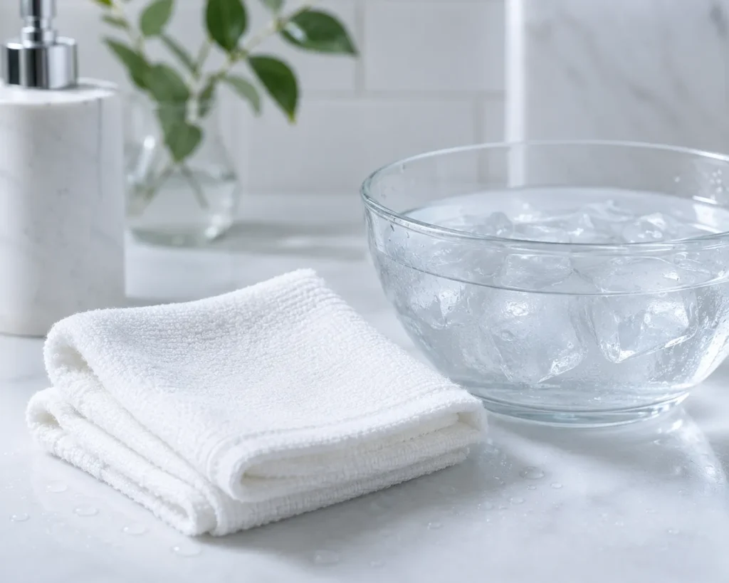 12 Sensitive Skin Care Steps for a Fresh Glow 9 Cool compress cloth beside a bowl of ice water for calming skin redness"