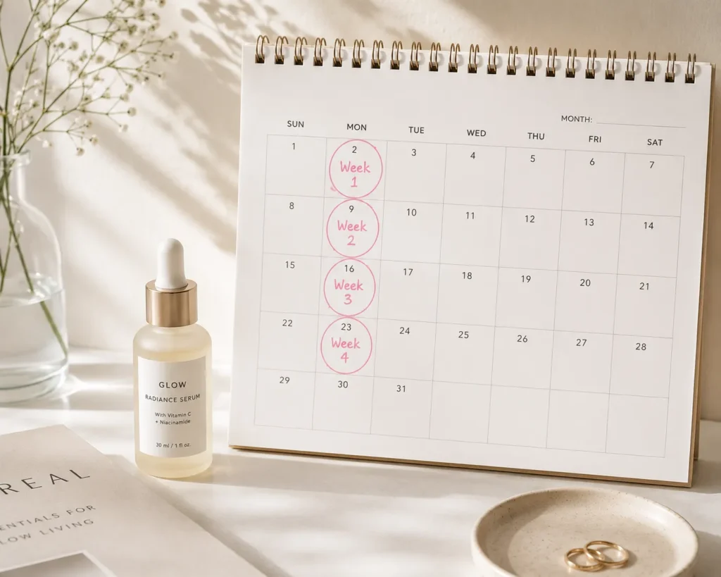 12 Sensitive Skin Care Steps for a Fresh Glow 13 Calendar with four weeks circled to track a new sensitive skin routine"