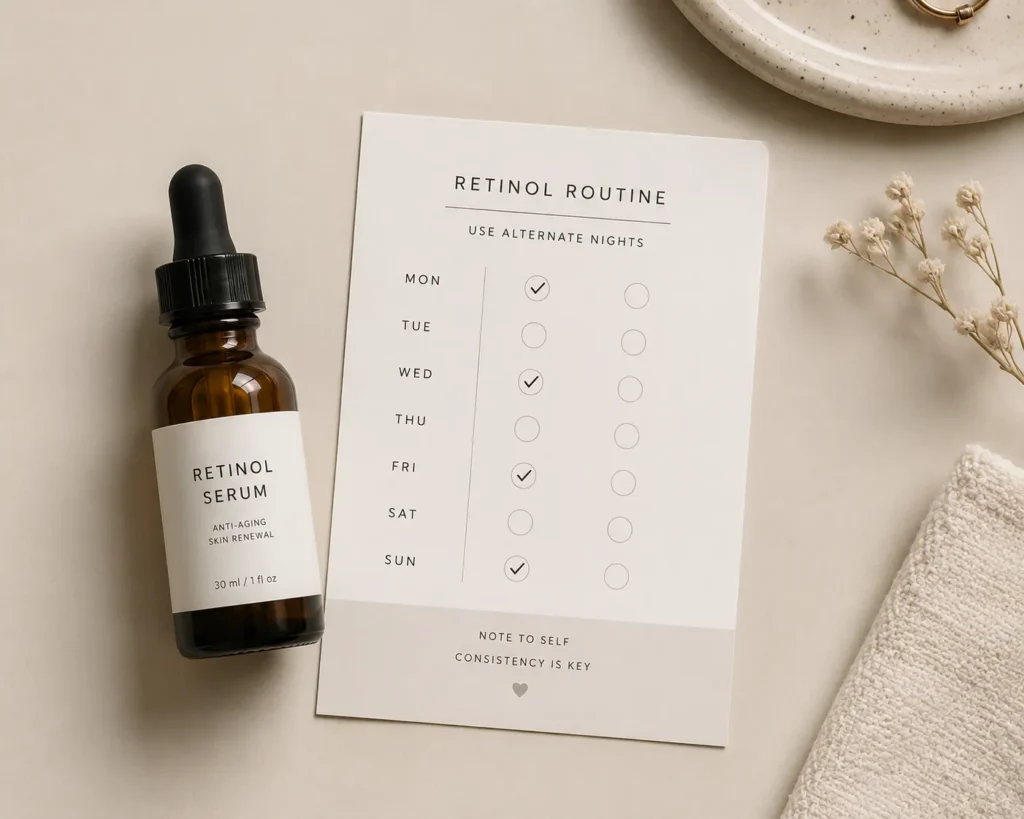12 Skin Concern Secrets for a Healthy Glow 7 Retinol dropper bottle with a weekly tracker for slow, gradual introduction