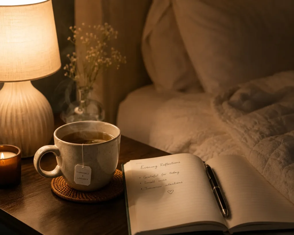 12 Skin Concern Secrets for a Healthy Glow 9 Calming nighttime routine with tea and journal to manage stress related breakouts