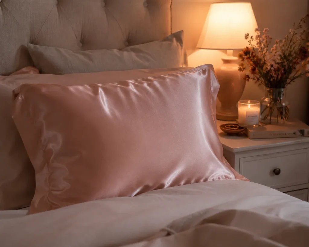 12 Skin Concern Secrets for a Healthy Glow 13 Cozy bedroom with silk pillowcase supporting overnight skin repair and glow