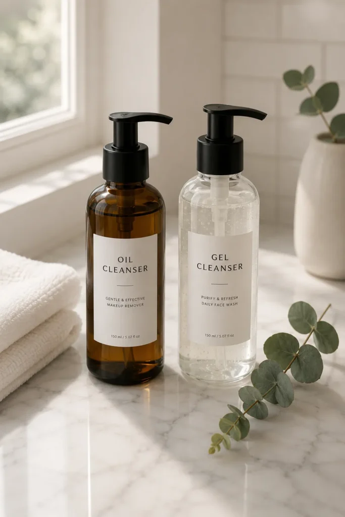 13 Skin Care Guide Tips Every Beauty Lover Needs Now 3 Oil cleanser and gel cleanser bottles on a bathroom counter for double cleansing