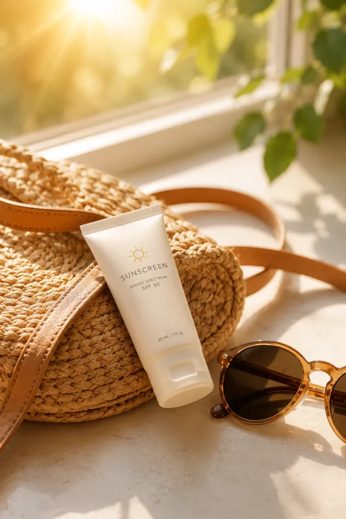 13 Skin Care Guide Tips Every Beauty Lover Needs Now 5 Travel size sunscreen tube next to sunglasses for daily SPF habit