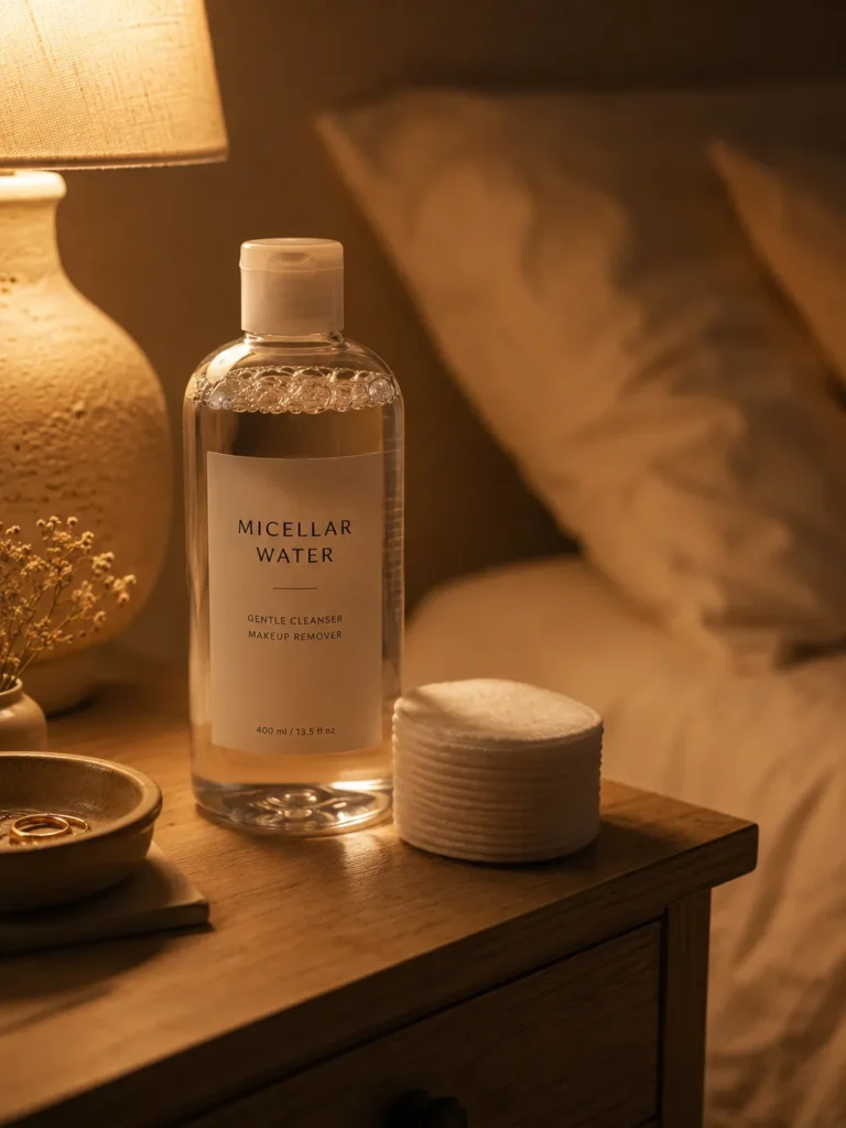 13 Skin Care Guide Tips Every Beauty Lover Needs Now 7 : Micellar water and cotton pads on a nightstand for removing makeup at night