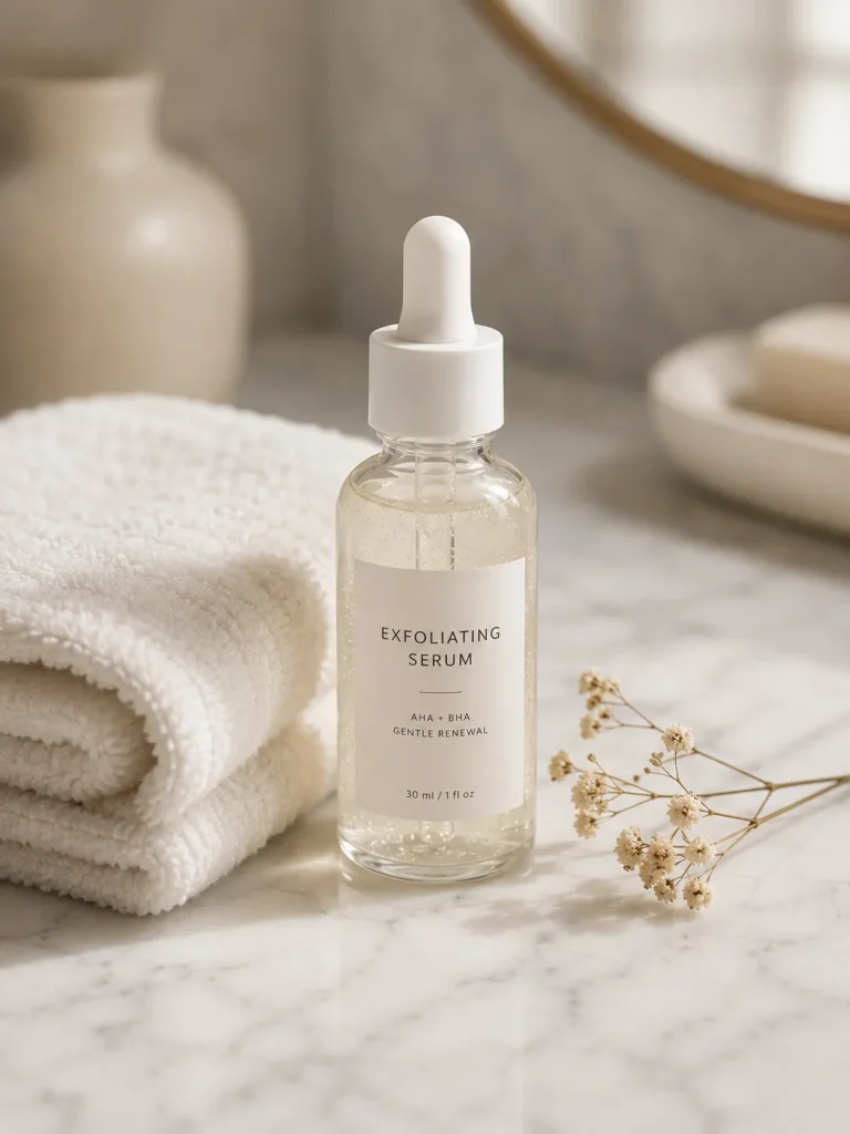 13 Skin Care Guide Tips Every Beauty Lover Needs Now 9 Exfoliating serum bottle next to a soft towel for gentle weekly exfoliation