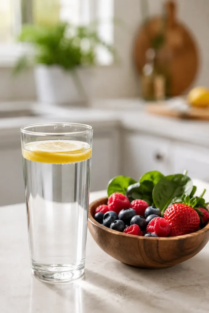 13 Skin Care Guide Tips Every Beauty Lover Needs Now 13 Glass of water with berries and greens representing skin friendly nutrition
