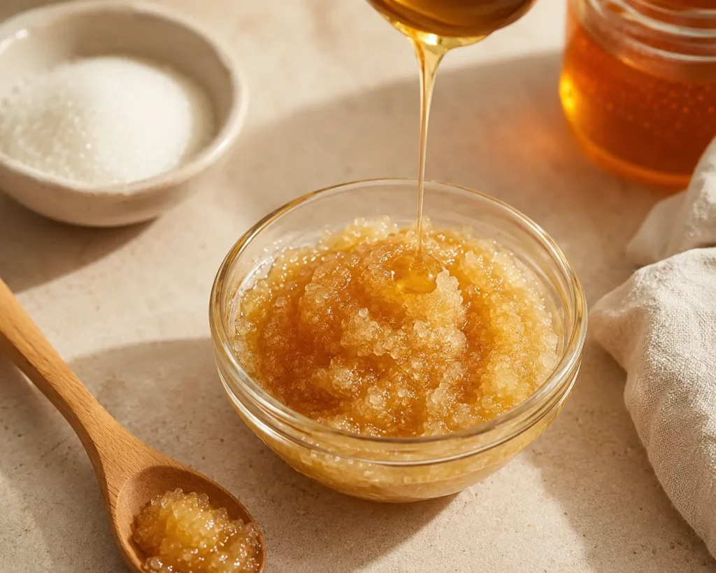 10 Soft Lips Secrets for a Naturally Smooth Smile 3 Homemade honey and sugar lip scrub in a glass bowl on a kitchen counter